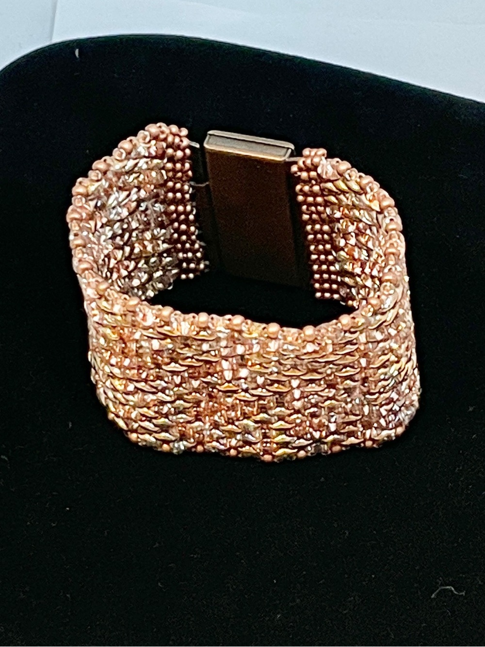 Vintage Liquid Metal (& Glass?) Seed Bead Flexible Mesh Bracelet with Box Clasp